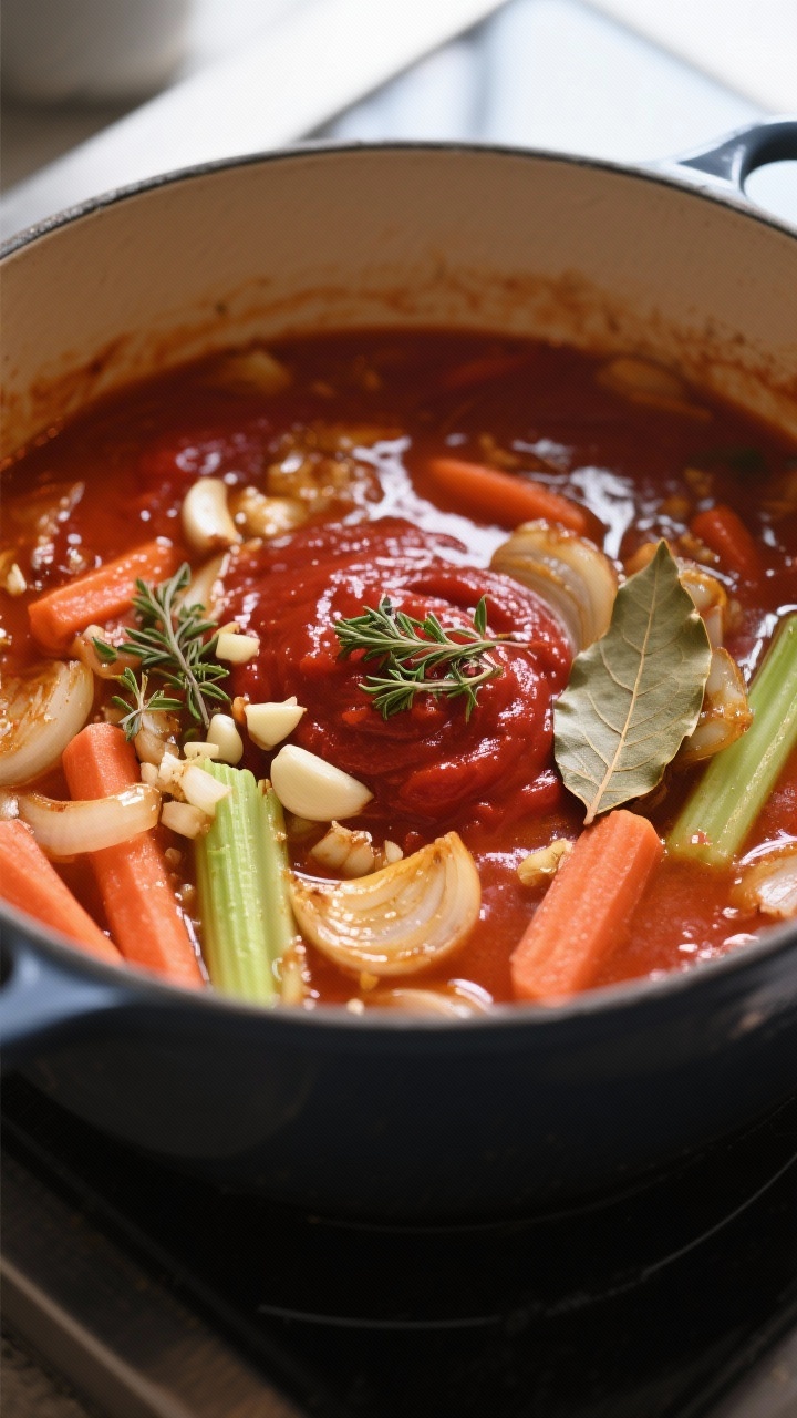 Cooking process — Building the soup base: Overhead shot of the pot after tomato paste has been car