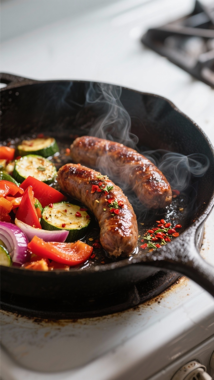 Cooking process — cast-iron sizzle: Italian sausage browning in a large ovenproof skillet until cr