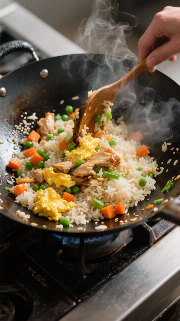 Cooking process: Chicken fried rice (weeknight edition) in a carbon-steel wok mid-stir-fry, steam ri