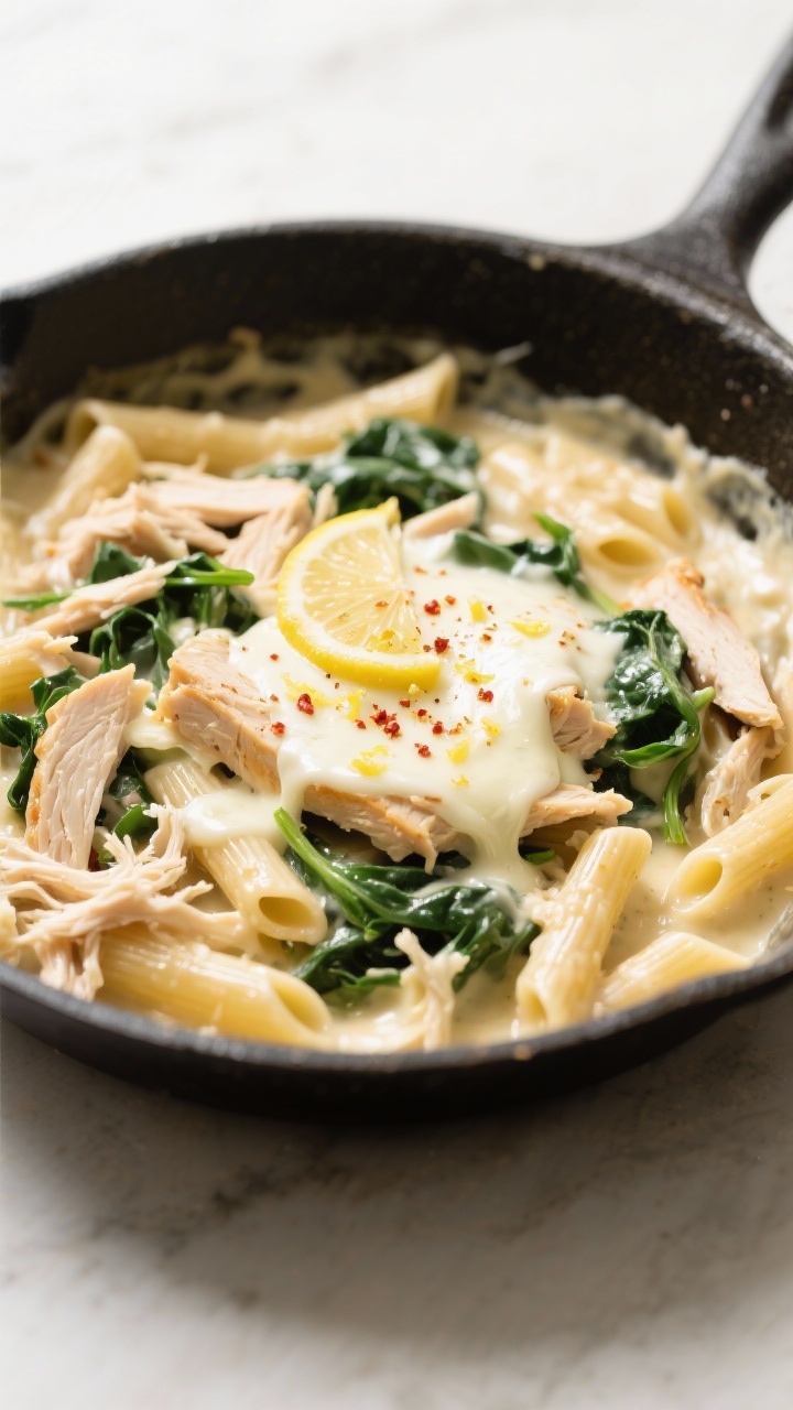 Cooking process: Chicken-Spinach Skillet variation in action—overhead shot of a sauté pan with cr