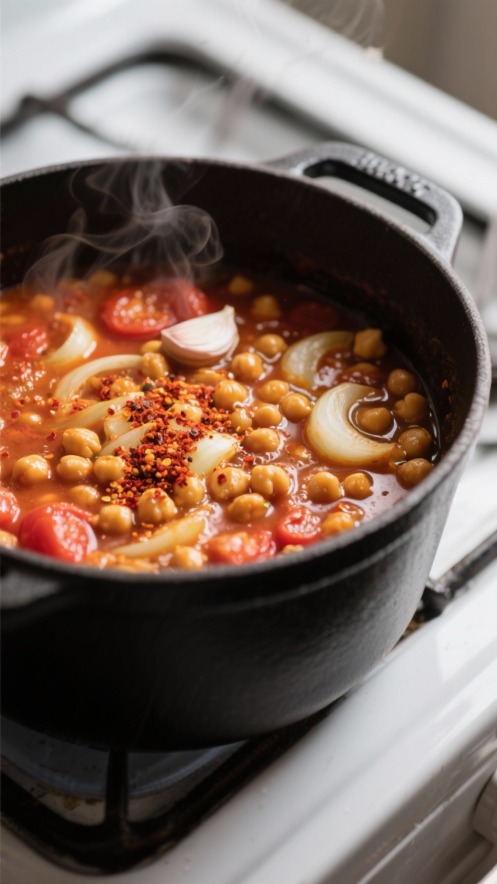Cooking process: Chickpea and tomato base simmering in a wide, matte-black Dutch oven, onions and ga