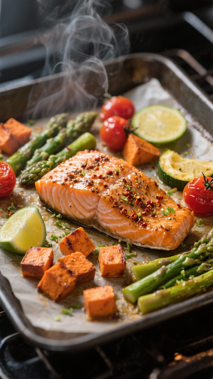 Cooking process: Chili-lime salmon fillets roasting on a sheet pan at 425°F, fillets glossy and jus