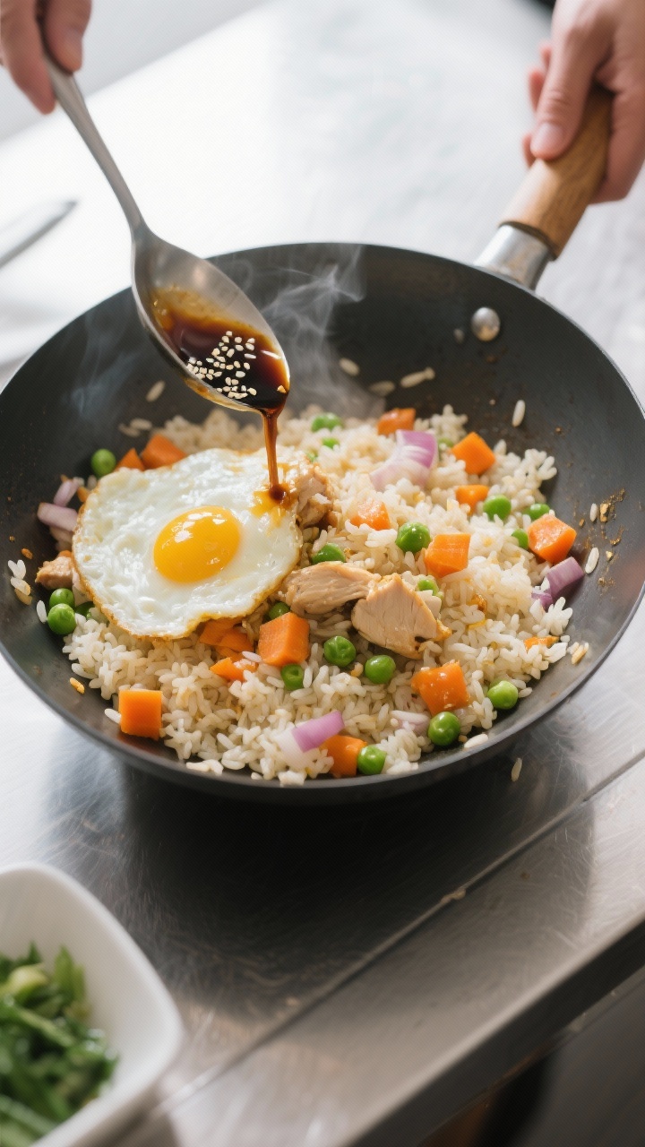 Cooking process: Classic chicken fried rice being stir-fried over high heat in a wok—egg just scra