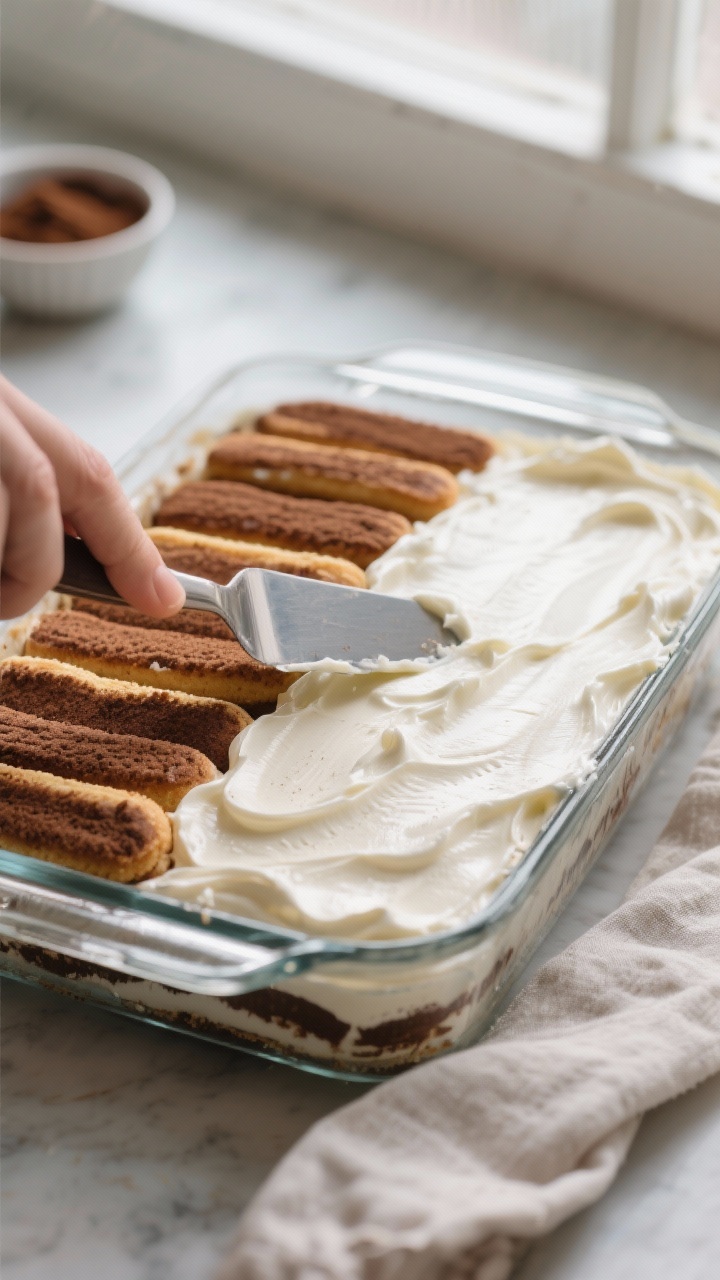 Cooking process close-up: A tilted overhead shot of freshly assembled tiramisu layers in a 9x13 glas