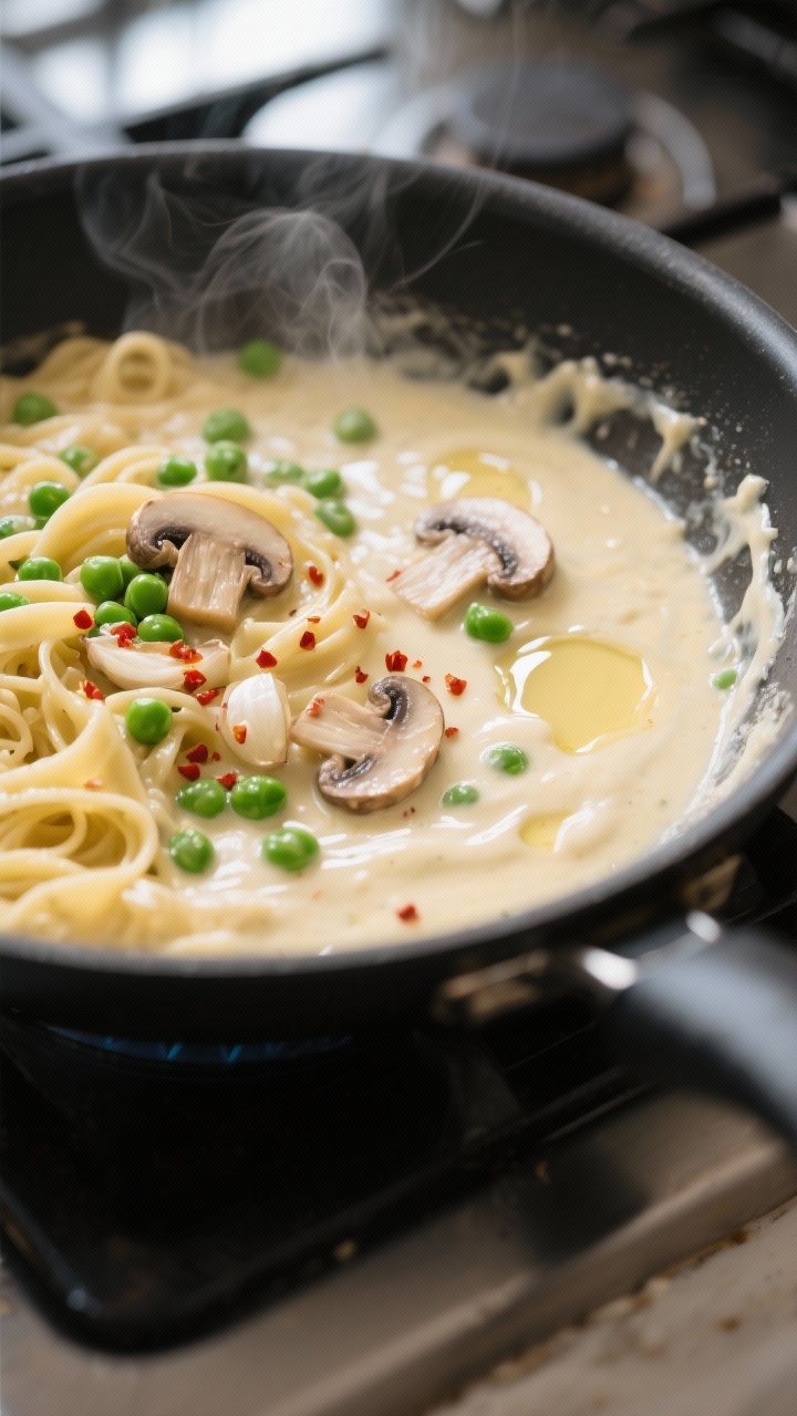 Cooking process, close-up detail: In a large black skillet, leftover Alfredo sauce gently reawakenin