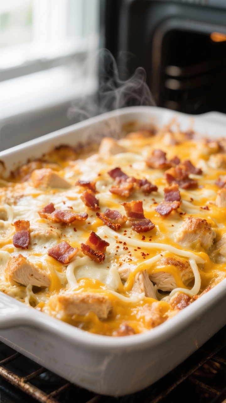 Cooking process close-up: Golden, bubbling Chicken Bacon Ranch Casserole just pulled from the oven, 