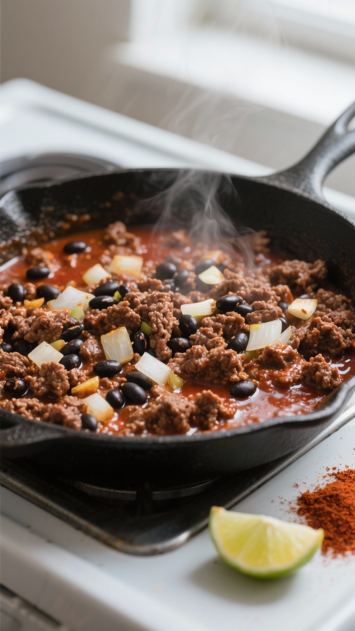 Cooking process close-up: In a large skillet, browned ground beef with black beans simmering in a gl