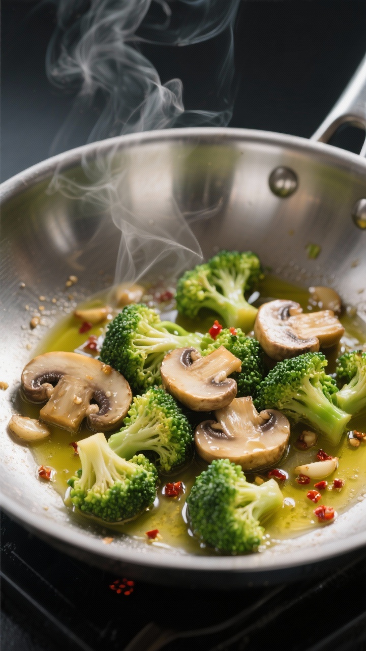 Cooking process, close-up: In a stainless-steel skillet over medium heat, sautéed mushrooms and jus
