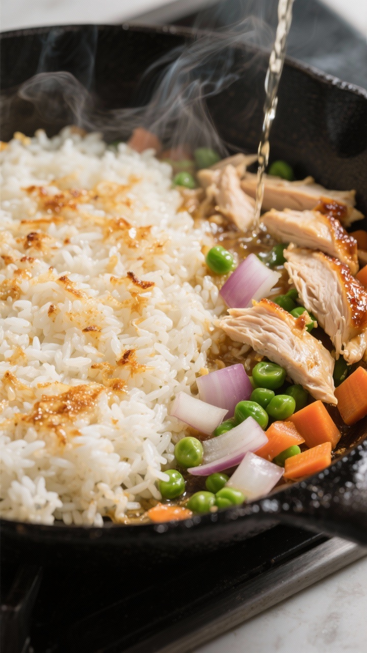 Cooking process, close-up: Sizzling skillet of cooked day-old jasmine rice spread in an even layer, 