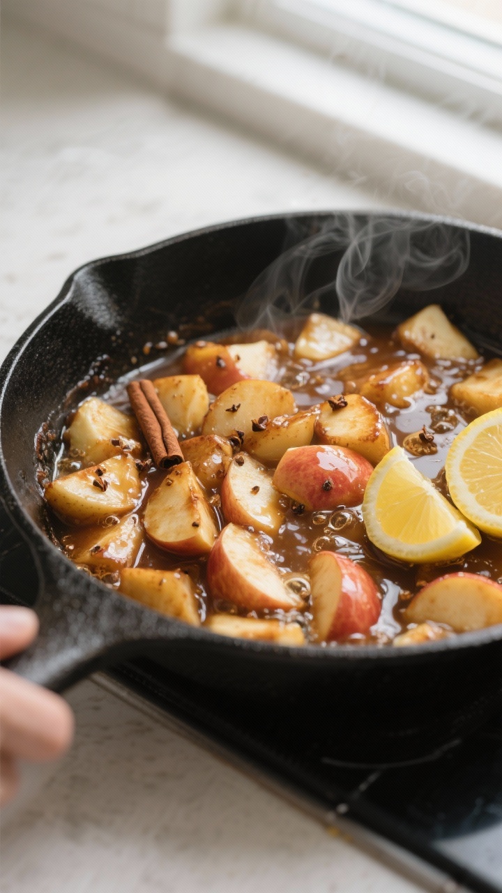 Leftover Apple Pancake Topping Recipe That Turns Sad Fruit Into Breakfast Gold (In 10 Minutes) Cooking process close-up: Skillet of caramelized apple topping mid-cook, glossy syrup bubbling aroun