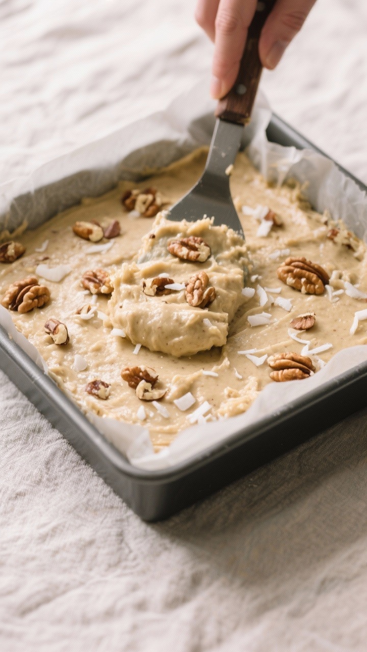 Cooking process: compacting the rested batter firmly into a parchment-lined 8x8 pan with a spatula, 