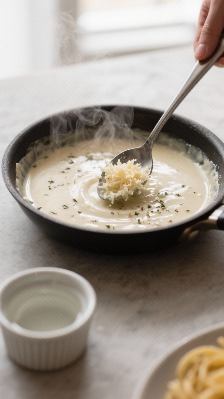 Cooking process: Cream sauce being created in the skillet—chicken stock reduced, heavy cream simme