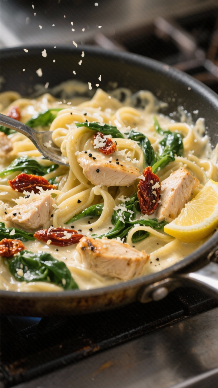 Budget-Friendly Leftover Pasta Sauce Recipes the Whole Family Loves: Turn Last Night’s Sauce into Tonight’s Hero Cooking process: Creamy Tuscan Skillet in a wide stainless skillet mid-toss—silky Alfredo gently s