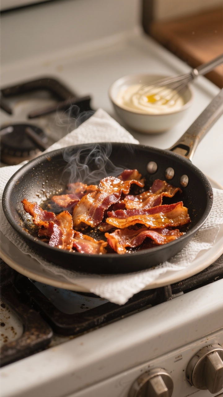 Cooking process: Crispy bacon being re-crisped in a skillet for 1–2 minutes, then transferred to a