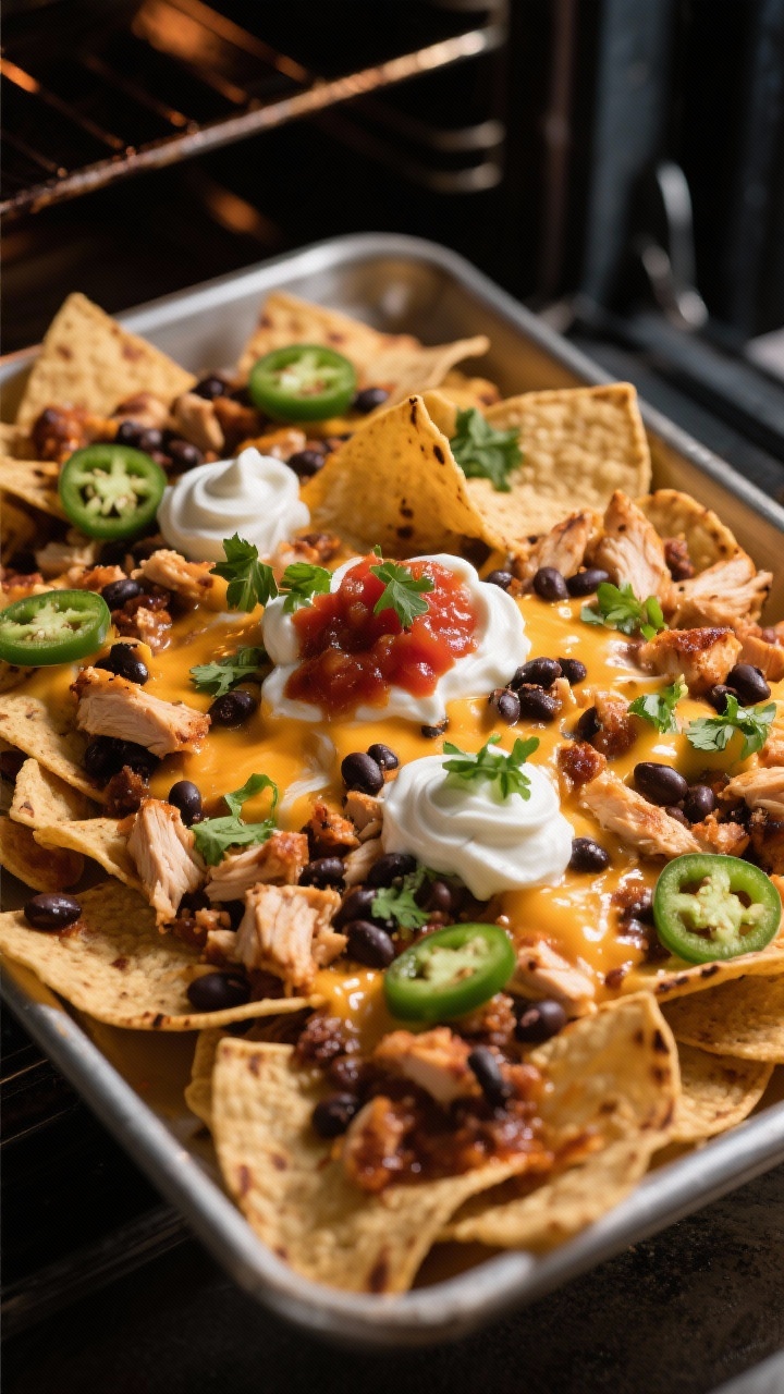 Cooking process: Crunchy nacho skillet under the broiler — sheet pan crowded with tortilla chips t