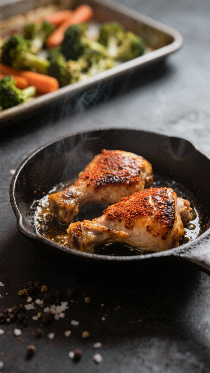 Cooking process: Cumin–smoked paprika chicken thighs sizzling in a cast-iron skillet, caramelized 
