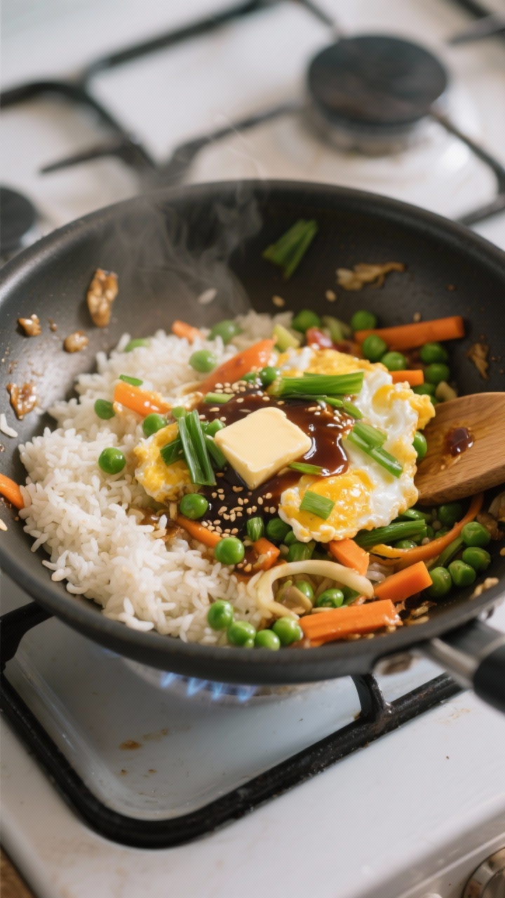 Cooking process: Day-old jasmine rice being stir-fried on high heat with mixed vegetables and the ju