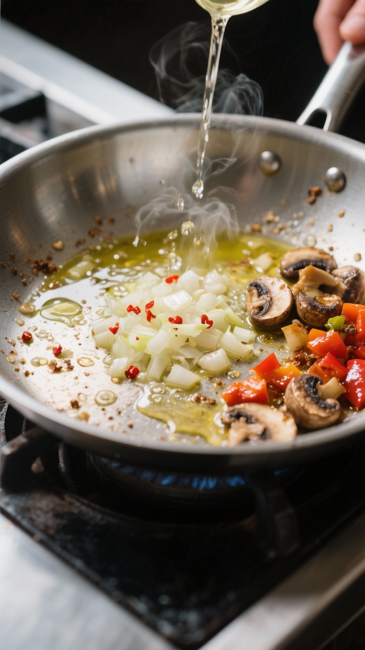 Cooking process, deglazing moment: A medium-close shot of a wide stainless-steel skillet on the stov