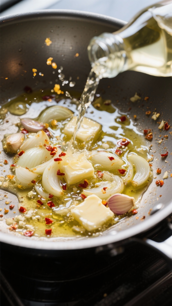 Cooking process: Deglazing moment in a wide sauté pan—shallots softened in olive oil and butter w