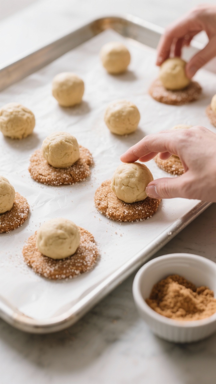 Cooking process: Dough balls rolled in coconut sugar being gently pressed to 1/2-inch thickness on a