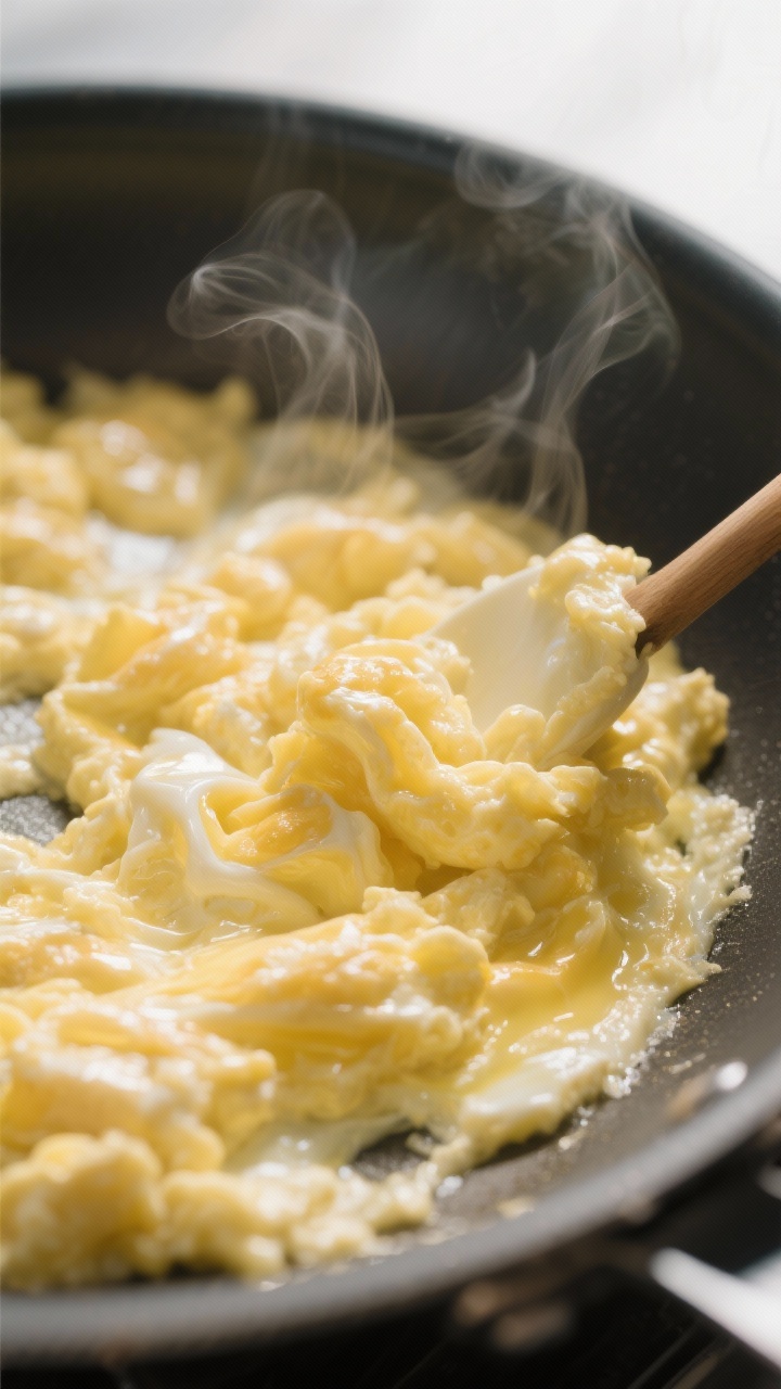 Cooking process — eggs: Close-up of glossy, soft-scrambled eggs just set in a hot nonstick skillet
