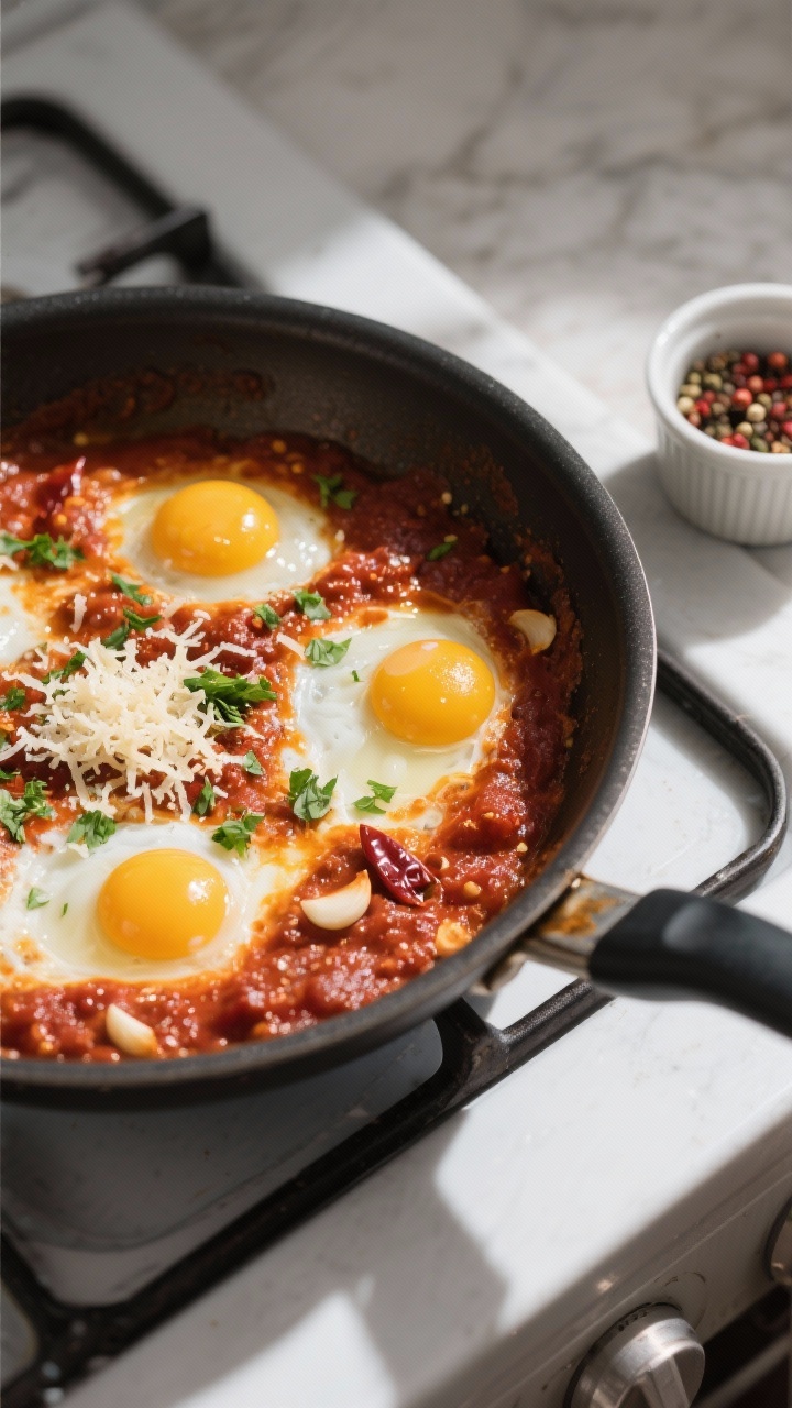 Cooking process: Eggs in spicy marinara (shakshuka-style) simmering in a wide sauté pan, thick, red