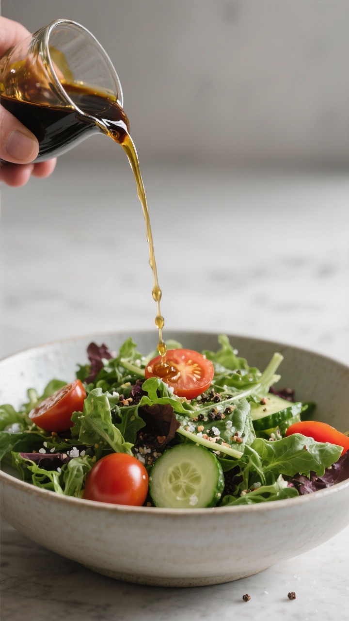 Cooking process: Emulsified balsamic dressing being poured in a fine stream onto a large bowl of pre