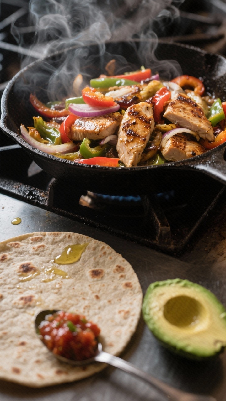 Cooking process: Fajita-style wraps in progress on a hot skillet—sautéed sliced chicken, peppers,