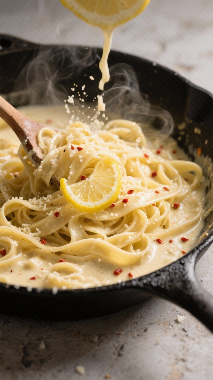 Cooking process: Fettuccine being tossed in a large skillet with glossy creamy garlic Parmesan sauce