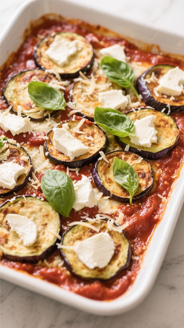 Cooking process: First assembly layer of Eggplant Parmesan in a 9x13 baking dish—thin swipe of glo