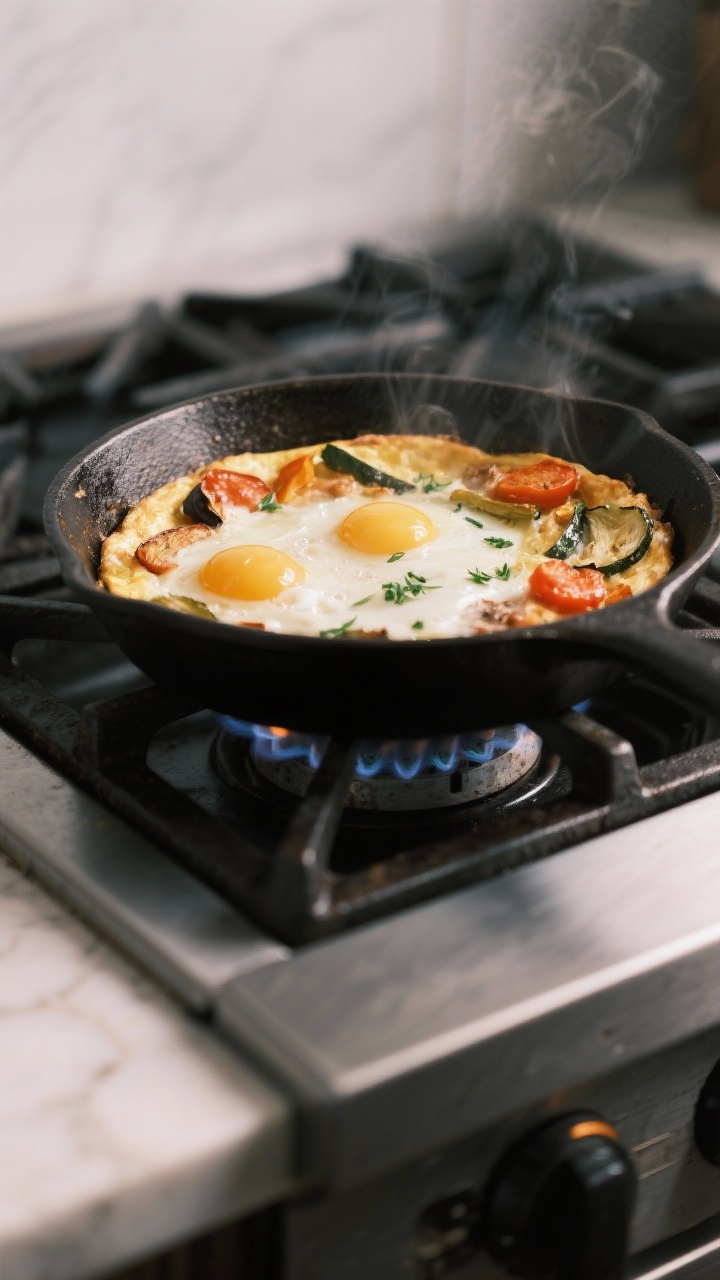Veggie Packed Frittata with Roasted Leftover Vegetables: The Zero-Waste Brunch Hack Your Fridge Has Been Begging For Cooking process: Frittata setting on the stovetop in a well-seasoned 10–12 inch cast-iron skillet,
