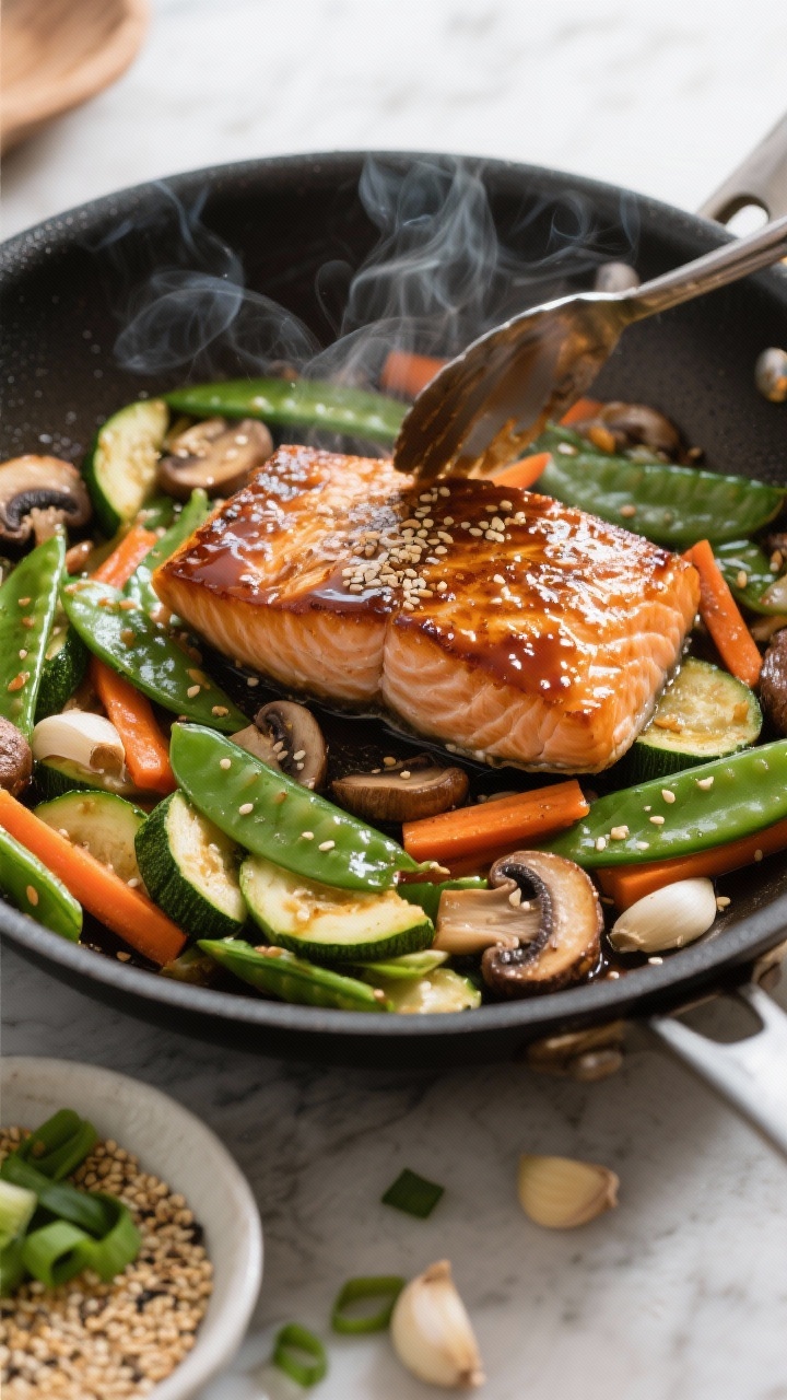 Cooking process: Garlic-ginger salmon being seared in a skillet, fillet mid-flip with lacquered glaz