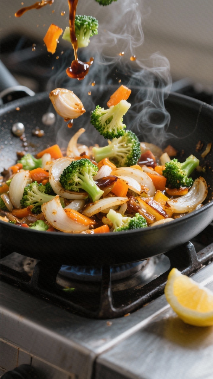 Cooking process: Garlic-onion stir-fry base sizzling in a matte black skillet, steam rising as froze