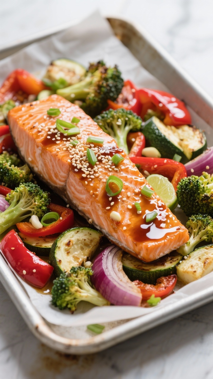 Cooking process: Ginger-garlic salmon on a sheet pan nestled over roasted broccoli, red bell pepper,
