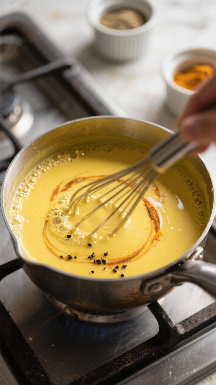 Cooking process: Golden Turmeric Tonic being whisked in a small saucepan over gentle heat—velvety 