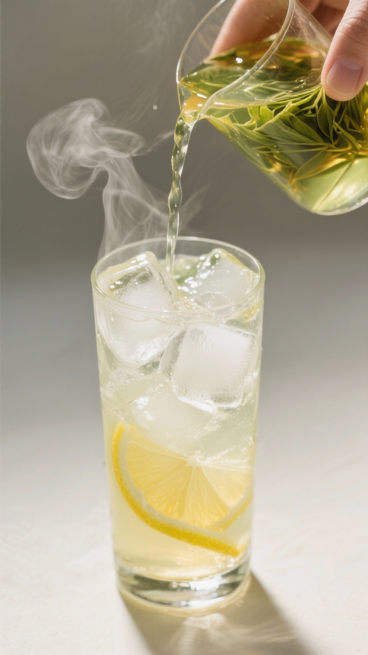 Cooking process: Green Tea Citrus Refresher being cooled—amber-green steeped tea poured over a tal