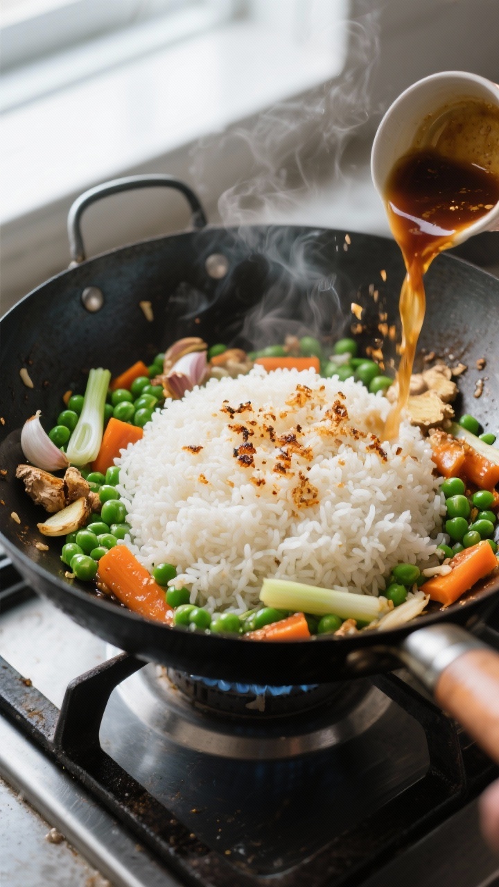 Cooking process: High-heat stir-fry moment in a wok, overhead shot as cold day-old jasmine rice is s