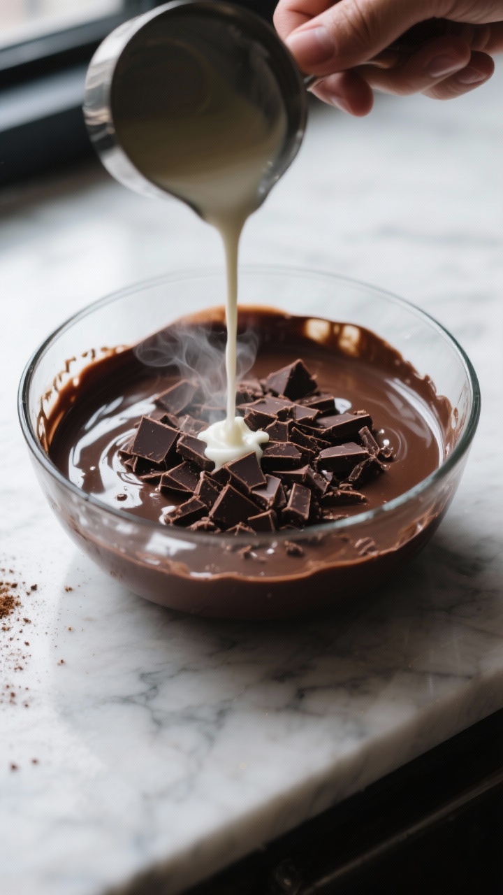 Cooking process: Hot plant-based cream just poured over finely chopped dark chocolate in a heatproof