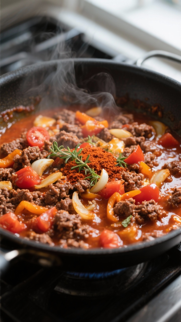 Cooking process: In-skillet “upgrade sauce” moment for Cheesy Leftover Ground Beef Casserole—c