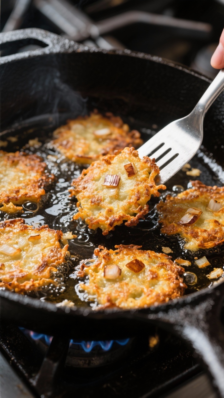 Cooking process: Latke patties sizzling in a black cast-iron skillet with a thin 1/8-inch layer of s