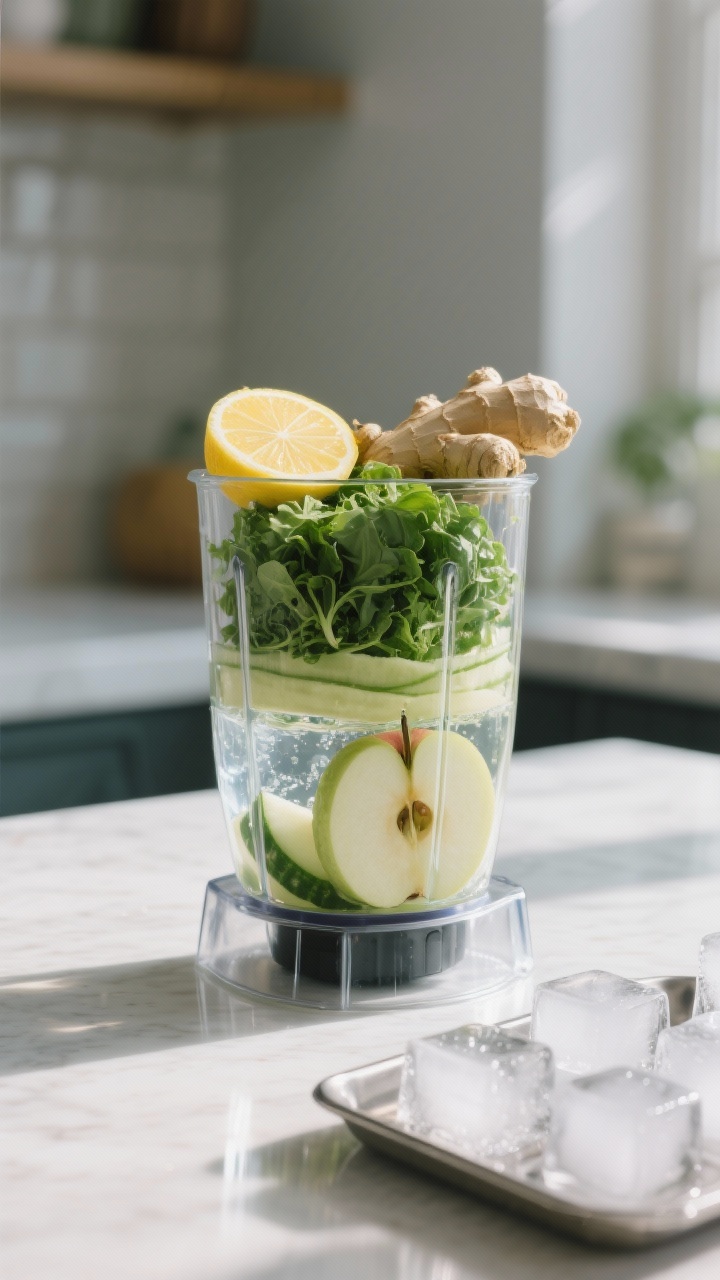 Cooking process: Layering smart in a blender jar—cold water at the bottom, soft apple and cucumber