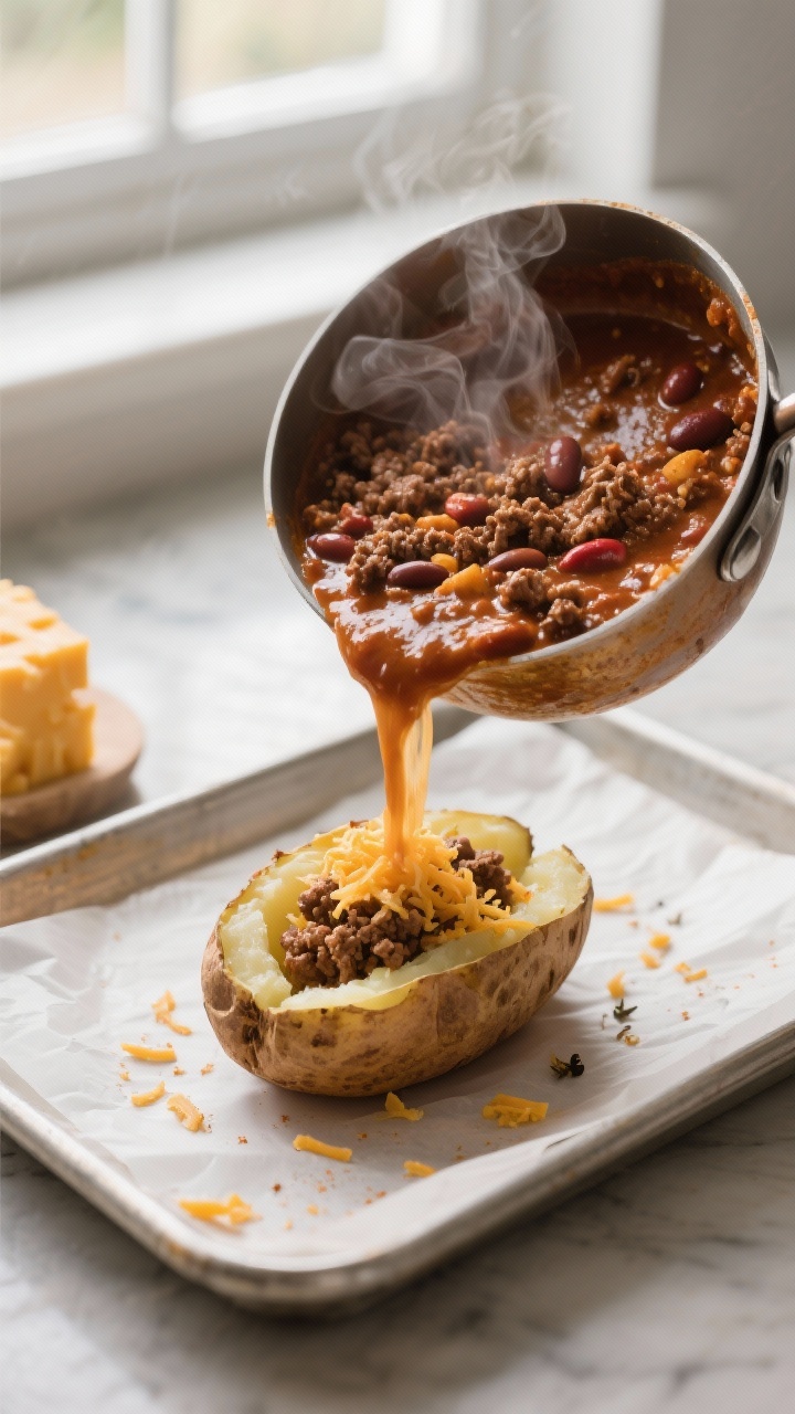 Cooking process: Leftover ground beef chili simmering in a small saucepan, thick and glossy with vis