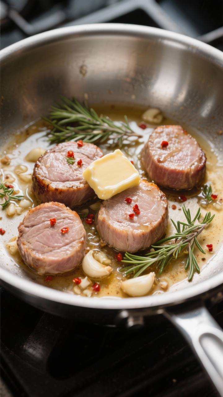 Turn Last Night’s Roast Into Tonight’s Win: Leftover Pork Tenderloin Skillet with Potatoes and Herbs Cooking process: Leftover pork tenderloin medallions being gently rewarmed in a stainless steel skil