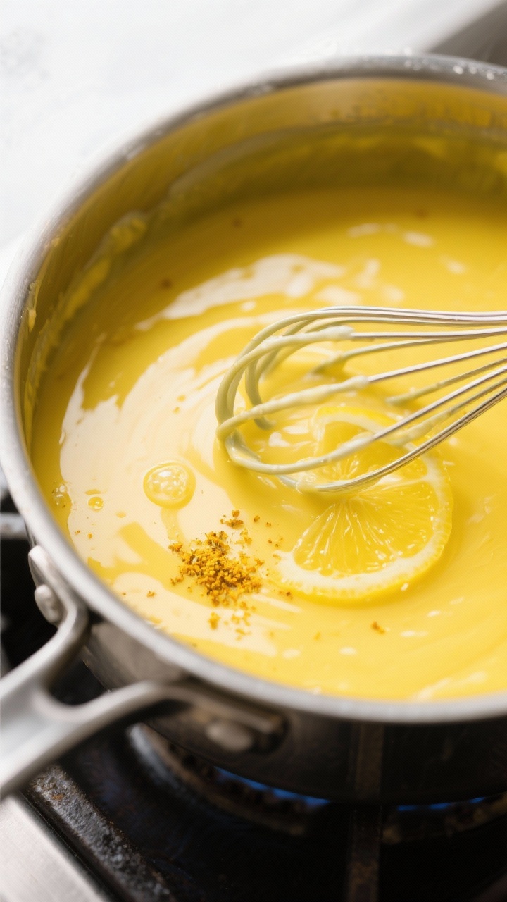 Cooking process: Lemon filling thickening on the stove in a saucepan—silky, pudding-like curd made