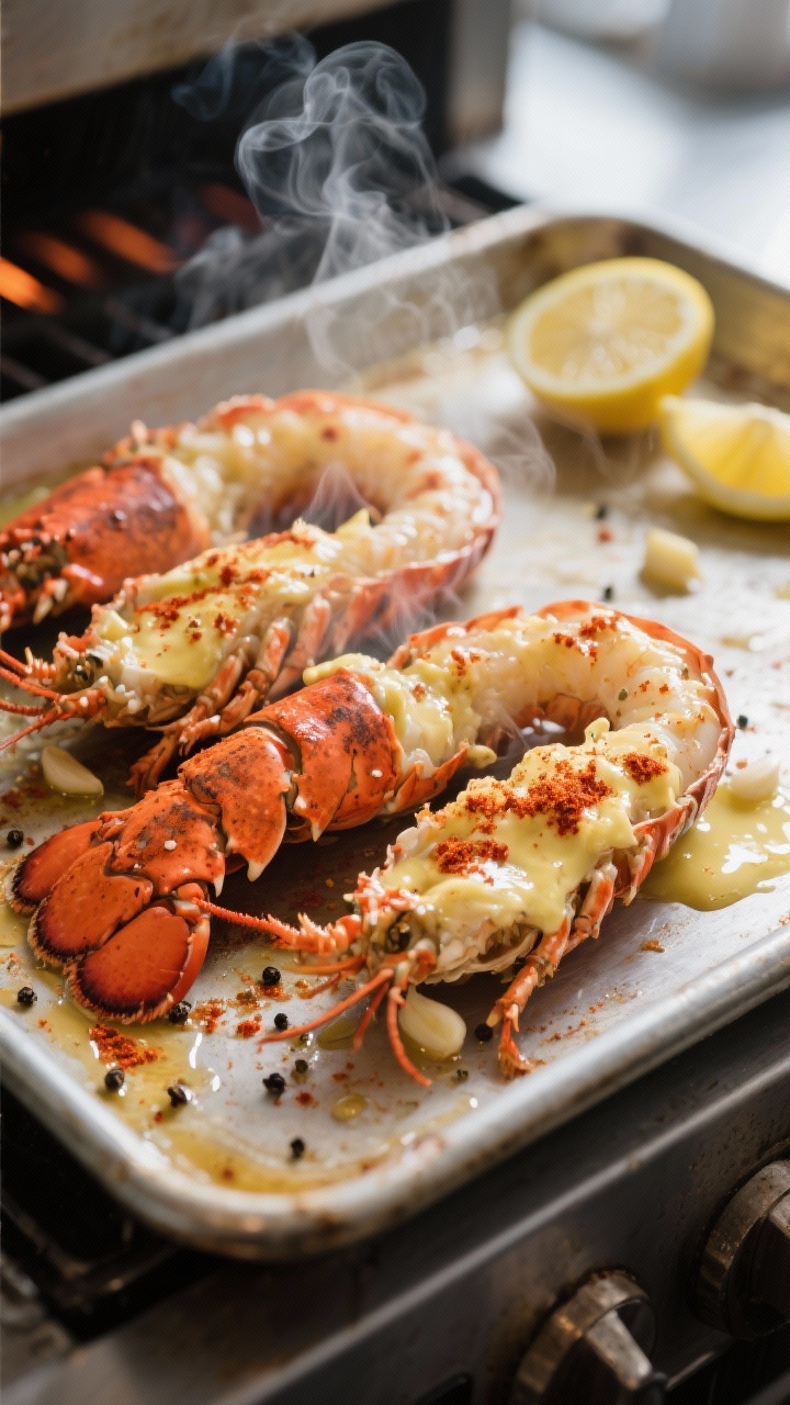 Cooking process: Lobster tails on a baking sheet under the broiler, brushed generously with garlic b