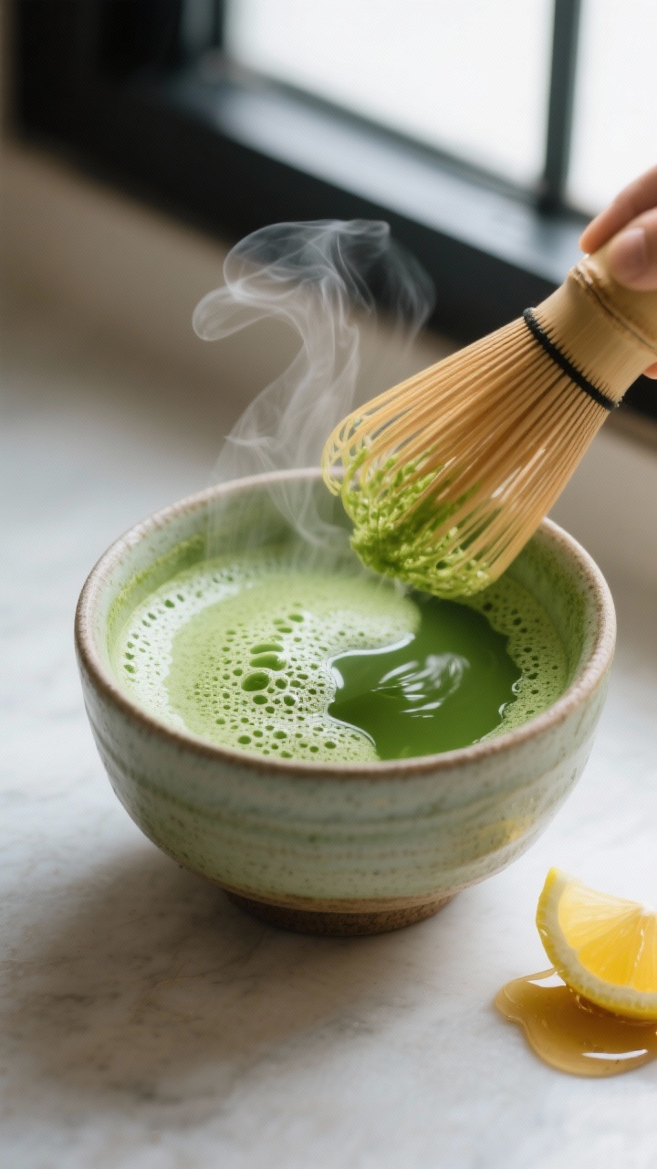 Cooking process: Matcha for the Green Glow being whisked in a ceramic chawan with hot (not boiling) 