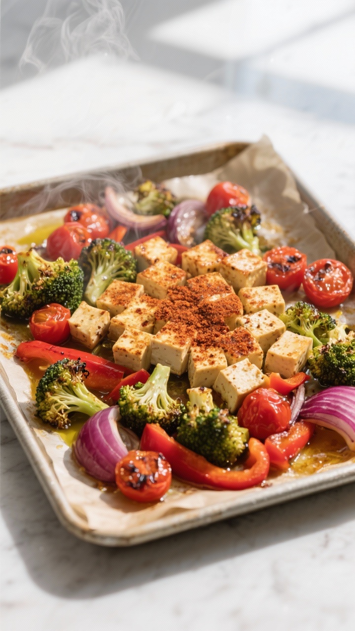 Cooking process: One-pan roasted power bowl mid-cook, overhead shot of a parchment-lined sheet pan a