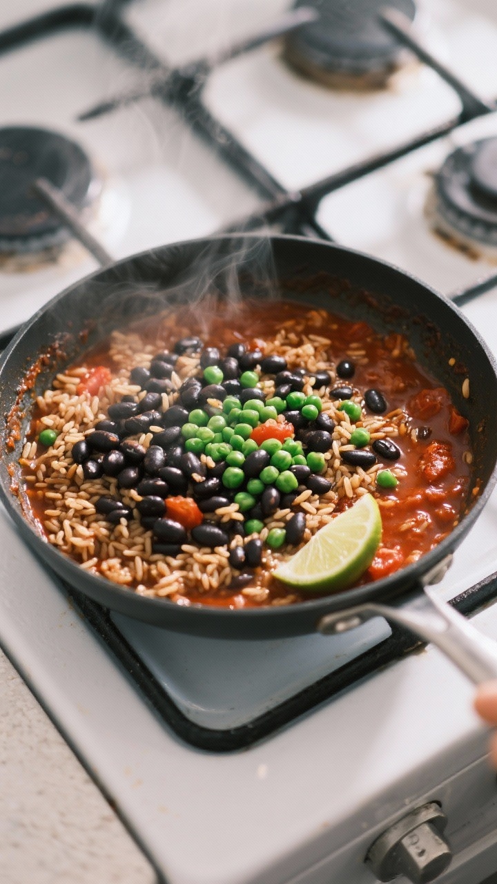 Cooking process: One-pot smoky black beans and brown rice simmering in a wide skillet, steamy surfac