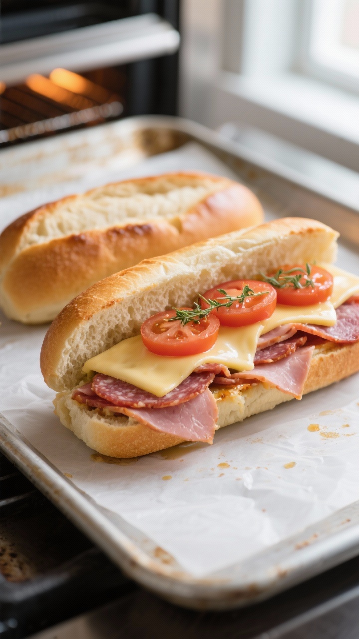 Cooking process: Open Italian hoagie roll halves under a broiler just turning golden at the edges, i