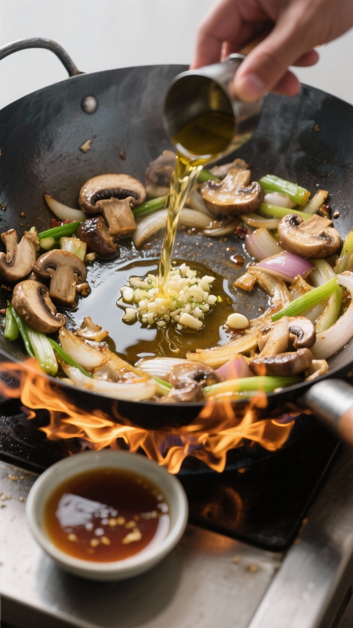 Cooking process: Over a blazing-hot wok, veggies pushed to the edges while a small pool of oil in th